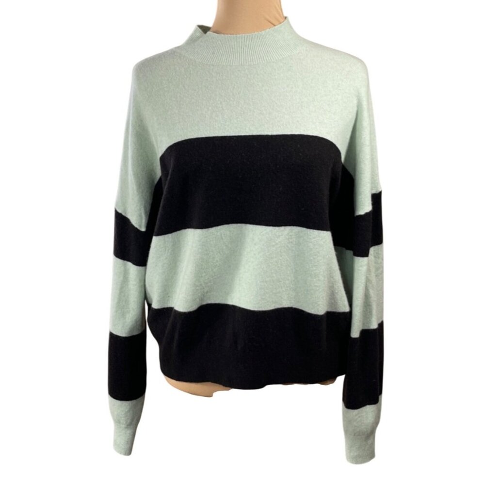 Ann Taylor Sweater Mint Green Black Stripe Size XL Extra Large Mock Neck Wool Bl